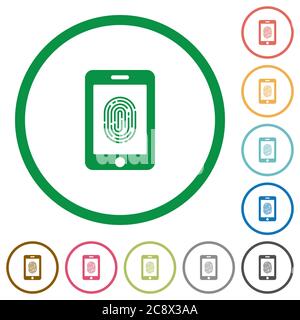 Set of smartphone fingerprint identification color round outlined flat icons on white background Stock Vector