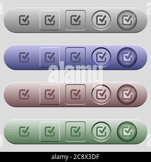 checkmark icons on rounded horizontal menu bars in different colors and button styles Stock Vector