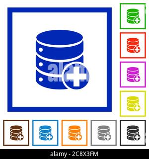 Set of color square framed Add to database flat icons Stock Vector