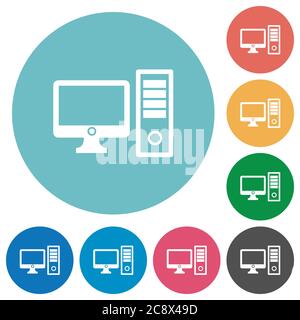 Flat desktop computer icon set on round color background. Stock Vector