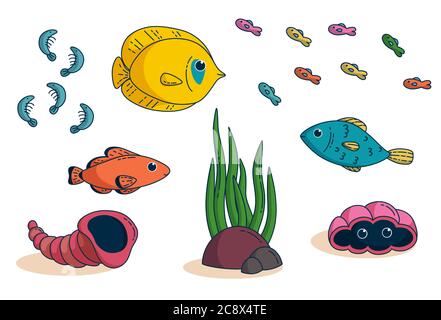 Set of butterflyfish, shells and other tropical species with stones and grass. Elemets for kids clothes and items design. Vector illustration in cute Stock Vector