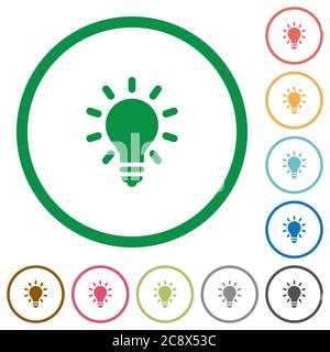 Set of lighting bulb color round outlined flat icons on white background Stock Vector