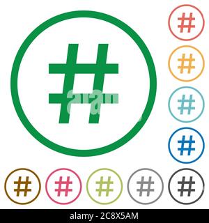 Set of hash tag color round outlined flat icons on white background Stock Vector