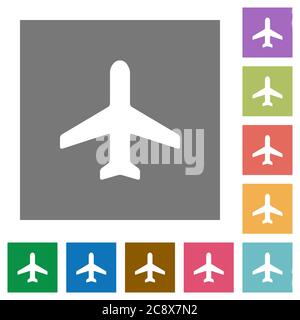 Airplane flat icon set on color square background. Stock Vector