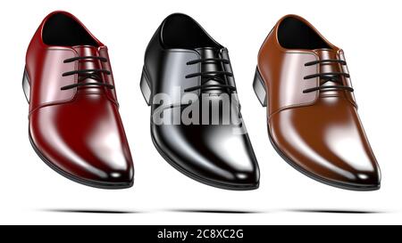 Set of a fashion elegant black red and brown men's shoes. 3d render of leather male boots isolated on white background. For advertising a footwear sto Stock Photo