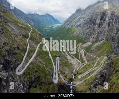 Trollstigen or Trolls Path Trollstigveien famous serpentine mountain road panorama from viewpoint in pass on national scenic route Geiranger Stock Photo