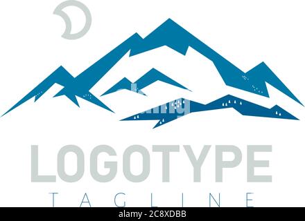 Vector illustration. Mountain icon with moon and trees. Straight style. Stock Vector