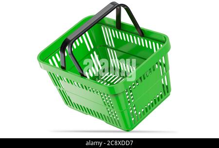 Falling green empty shopping basket. 3d illustration. 3D render, isolated on white background. Stock Photo