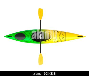 Three horizontal view of yellow green crossover kayak with paddle. Whitewater and river running kayak. 3D render, isolated on white background Stock Photo