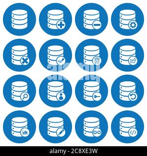 Set of 16 basic database management icons on round blue background Stock Vector