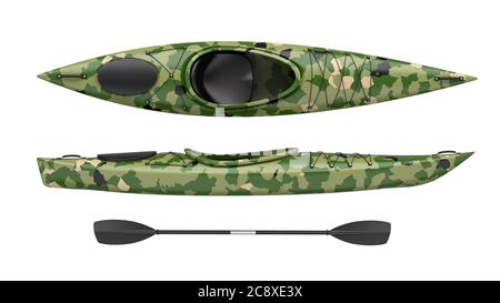 Top and side views of green crossover kayak. Whitewater and river running kayak. 3D render, isolated on white background Stock Photo