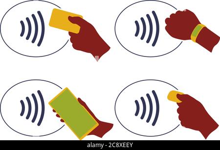 Vector illustration. NFC wireless payment method icon set with hands set. Stock Vector