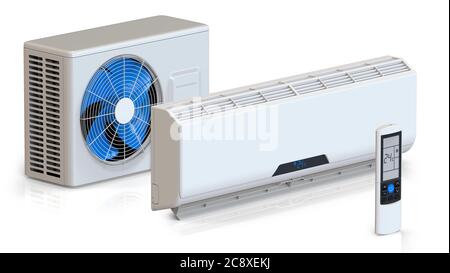 Air conditioner system set with remote control and external unit. 3D render, isolated on white background Stock Photo