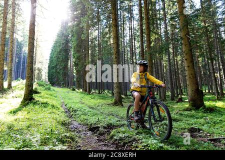 Kid cycling in the forest Stock Photo