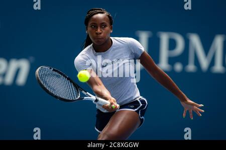 Coco Gauff of the United States during practice at the 2019 US Open Grand Slam tennis tournament Stock Photo