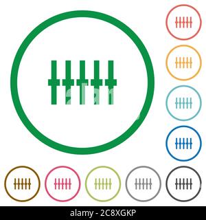 Set of graphical equalizer color round outlined flat icons on white background Stock Vector