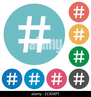 Flat hash tag icon set on round color background. Stock Vector