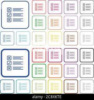 Set of questionnaire flat rounded square framed color icons on white background. Thin and thick versions included. Stock Vector