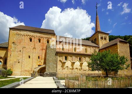 Saint-Pierre-et-Saint-Paul  Romanesque collegiate church in medieval town Romainmotier, canton of Vaud, Switzerland. Stock Photo