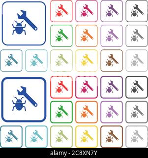 Bug fixing color icons in flat rounded square frames. Thin and thick versions included. Stock Vector