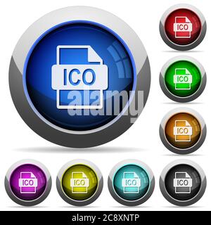 Set of round glossy ICO file format buttons. Arranged layer structure. Stock Vector