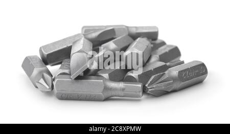 Pile of screwdriver bits isolated on white. Stock Photo