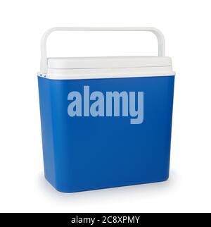 Blue portable refrigerator for traveling isolated on white. Stock Photo