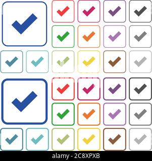 Set of ok flat rounded square framed color icons on white background. Thin and thick versions included. Stock Vector