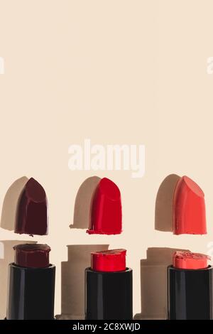 Beauty Lipstick Swatches Flatlay in beige background Stock Photo