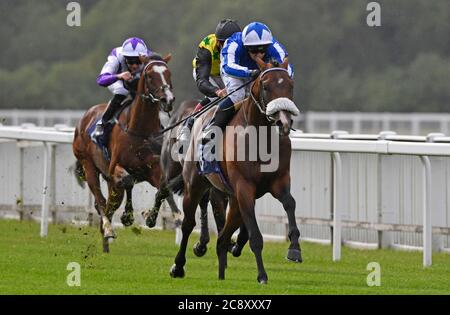 Silvestre De Sousa on board Mystery Smiles wins the British EBF Maiden Stakes at Royal Windsor Racecourse 27th July 2020 at Royal Windsor Racecourse. Stock Photo