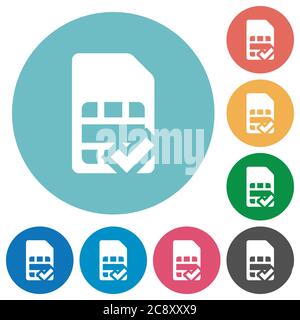 SIM card accepted flat white icons on round color background. Stock Vector