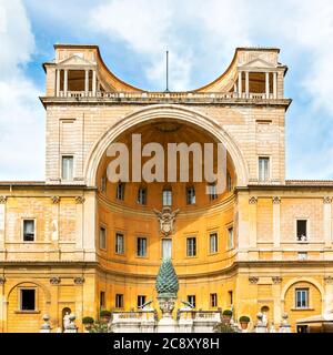 Vatican, Rome, Italy – Sept 22, 2014: The Pinecone fountain, Fontana della Pigna is a former Roman fountain decorates a vast niche, facing the Cortile Stock Photo