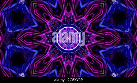 Digital illustration of purple neon lights in a symmetrical mandala shape on a black background Stock Photo