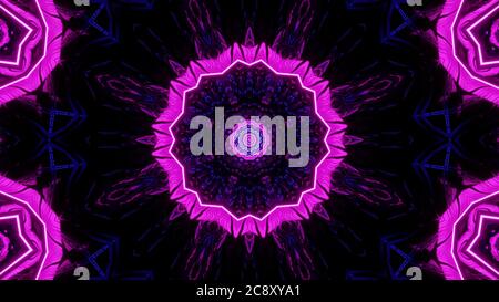Digital illustration of purple neon lights in a symmetrical mandala shape on a black background Stock Photo