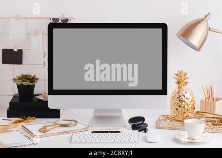 Gold desktop office computer details with gold accessories mockup Stock Photo