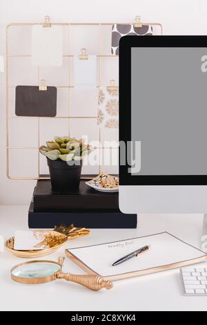 Gold desktop office computer details with gold accessories mockup Stock Photo