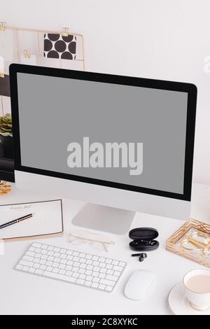 Gold desktop office computer details with gold accessories mockup Stock Photo