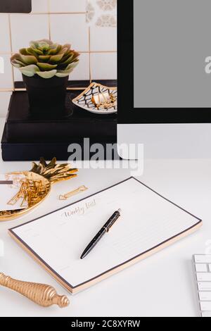 Gold desktop office computer details with gold accessories mockup Stock Photo