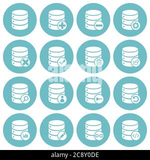 Set of 16 basic database management icons on round glaucous background Stock Vector