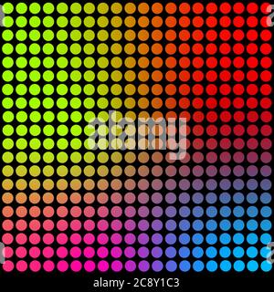 Neon colored circles on the black, large size square background texture. Abstract art wallpaper. Contemporary art retro poster. Stock Photo