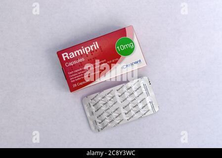 Close up of a box of Ramipril tablets used to treat high blood pressure, heart failure and diabetic kidney disease Stock Photo