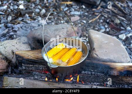 https://l450v.alamy.com/450v/2c8y4f9/traveling-tourism-picnic-cooking-cooking-in-a-cauldron-on-the-fire-boiling-pot-with-corn-at-the-campfire-on-picnic-2c8y4f9.jpg