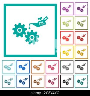 Oiler can and gears flat color icons with quadrant frames on white background Stock Vector