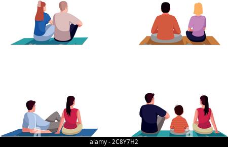 Weekend lounge semi flat RGB color vector illustration set. Couple on picnic date. Family bonding and resting together. People on blanket isolated car Stock Vector