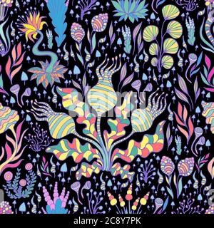 Tropical fantastic bright plants, mushrooms and flowers seamless pattern, isolated on black background. Surreal psychedelic plants texture. Vector han Stock Vector
