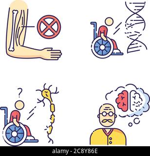 Disability RGB color icons set. Muscular dystrophy. Chronic genetic disease. Paralyzed patient in wheelchair. Spinal cord damage. Aging man with demen Stock Vector