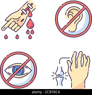 Health care problem RGB color icons set. Bleeding from hemophilia. Arm injury. First aid for cut vein. Deafness and blindness. Sensory impairment. Rhe Stock Vector