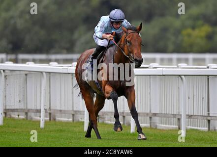 Tom Marquand on board May Sonic wins the Final Furlong Podcast Handicap (Div I) at Royal Windsor Racecourse. Stock Photo