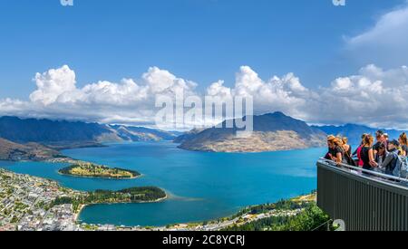 View over the city and Lake Wakatipu from the top of the Skyline Gondola, Bob's Peak, Queenstown, New Zealand Stock Photo