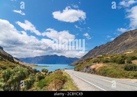 Makarora-Lake Hawea Road overlooking Lake Hawea, Southern Lakes, Otago, New Zealand Stock Photo